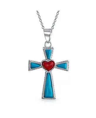 Bling Jewelry South Western Style Blue Synthetic Stabilized Turquoise Red Heart Cross Pendant Religious Sterling Silver Necklace For Women