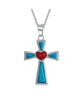 Bling Jewelry South Western Style Gemstone Blue Stabilized Turquoise Red Heart Cross Pendant Religious .925 Sterling Silver Necklace For Women Teen