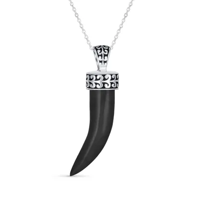 Bling Jewelry Tooth Amulet Black Onyx Gemstone Cornicello Italian Horn L Chili Pepper Pendant Necklace Western Jewelry For Men Oxidized Sterling Silve