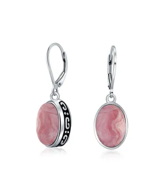 Bling Jewelry 3Ct Natural Pink Rhodochrosite Dome Oval Western Style Bezel Set Lever Back Dangle Earrings For Women .925 Sterling Silver