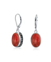 Bling Jewelry 3Ct Natural Red Coral Dome Oval Western Style Bezel Set Lever Back Dangle Earrings For Women .925 Sterling Silver