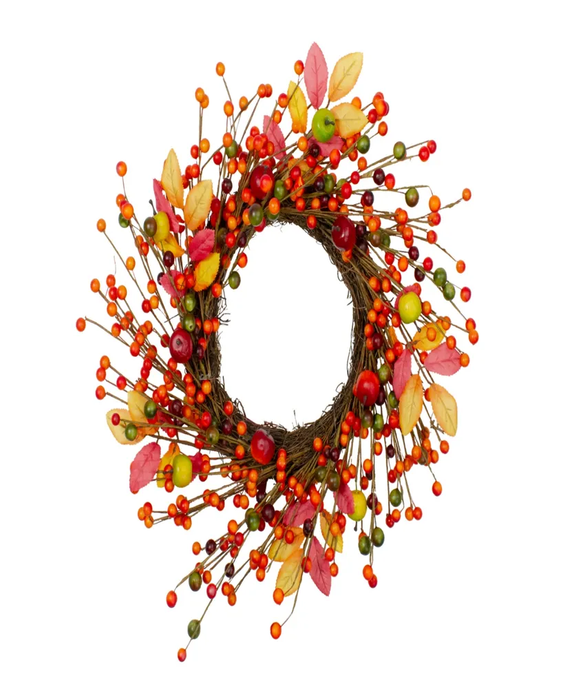 Berries and Apples Foliage Twig Artificial Thanksgiving Wreath - 18" Unlit