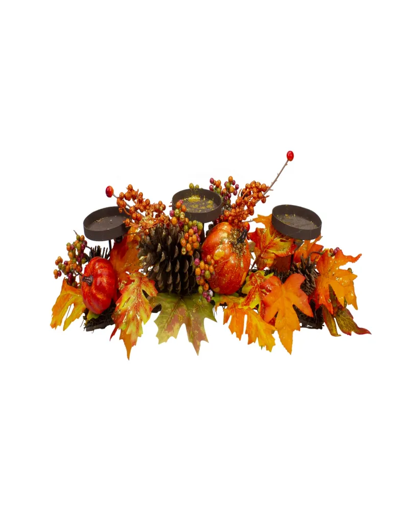 21" Orange Fall Harvest Leaves and Pumpkins Candle Holder