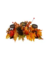 21" Orange Fall Harvest Leaves and Pumpkins Candle Holder