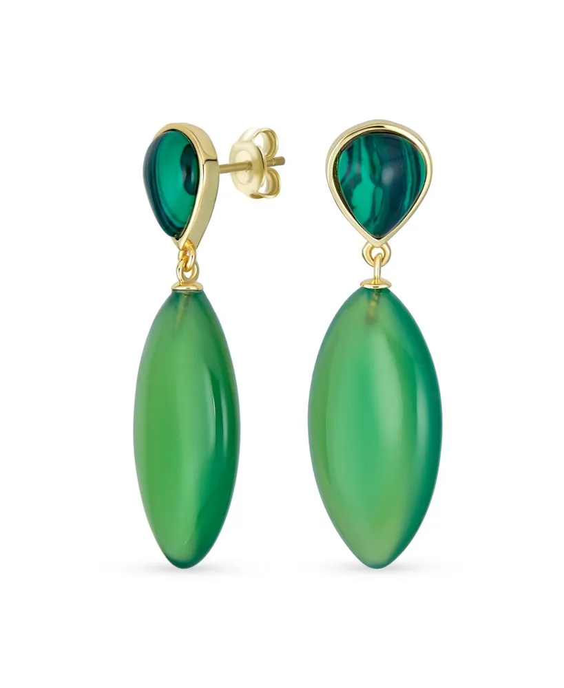 Bling Jewelry Unique Linear Malachite Green Natural Onyx Rhombus Shape Tear Drop Multi- Party Dangling Earrings in Gold Plated