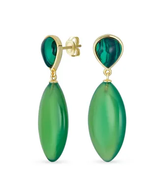 Bling Jewelry Unique Geometric Linear Malachite Green Natural Onyx Rhombus Shape Tear Drop Multi- Party Dangling Earrings in Gold Plated