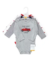Hudson Baby Boys Cotton Long-Sleeve Bodysuits, Fire Truck, 3-Pack
