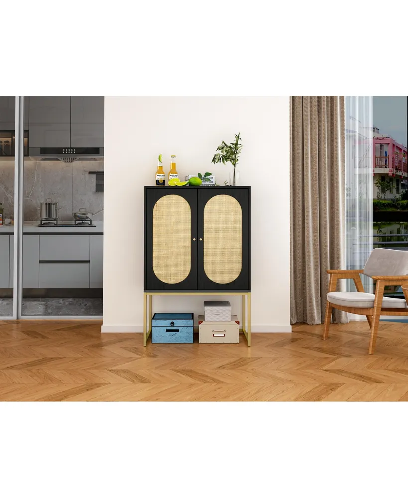 Simplie Fun 2 Door High Cabinet, Natural Rattan 2 Door High Cabinet, Built-In Adjustable Shelf, Easy Assembly