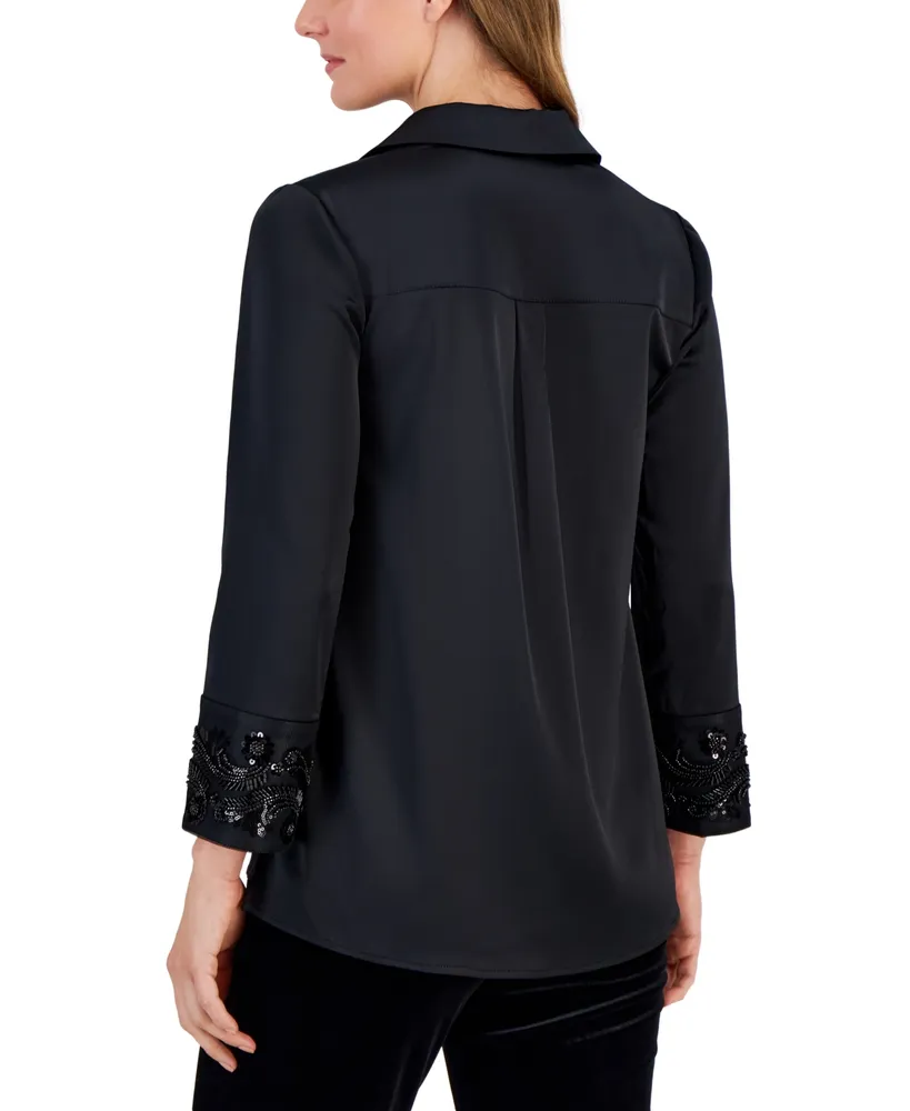 Anne Klein Women's Embellished-Sleeve Collared Blouse