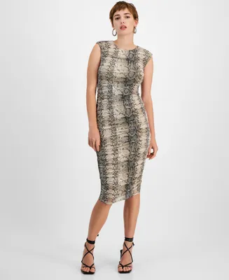 Bar Iii Women's Snake-Print Sleeveless Ruched Mesh Midi Dress, Created for Macy's