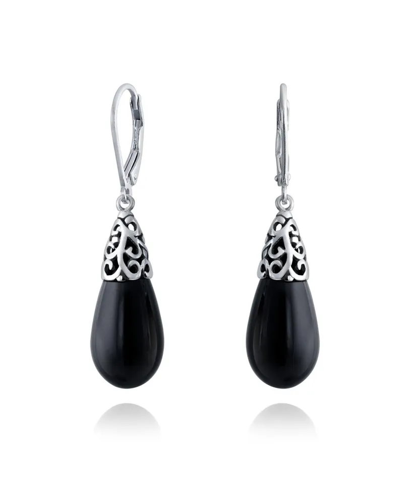 Bling Jewelry Western Style Gemstone Black Onyx Elongated Teardrop Filigree Lever Back Dangle Earrings For Women .925 Sterling Silver