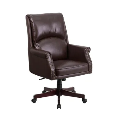 Merrick Lane Tiber Ergonomic Executive Office Chair With High Pillowed Back & Rolled Arms With Wood Base