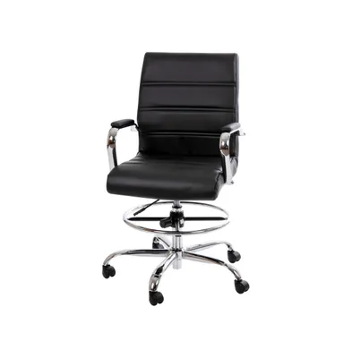 Merrick Lane Tevia Mid-Back Drafting Chair With Adjustable Foot Ring Upholstered Swivel Chrome Base