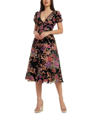 Dress the Population Women's Printed Puff-Sleeve Fit & Flare Midi Dress