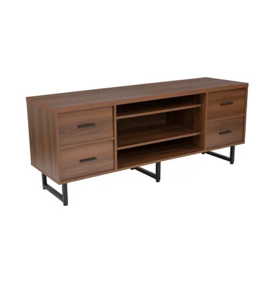 Merrick Lane Cambridge Three Shelf And Four Drawer Tv Stand In Rustic Wood Grain Finish With Square Metal Legs