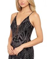 Betsy & Adam Women's Plunge-Neck Mesh-Inset Glitter-Print Gown