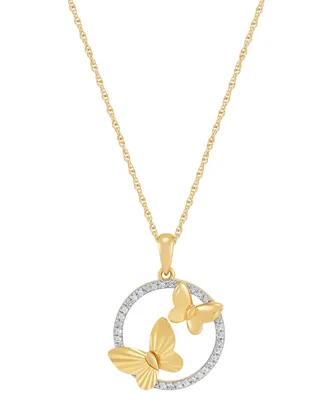 Diamond Butterfly Open Circle Pendant Necklace (1/10 ct. t.w.) in 14k Gold-Plated Sterling Silver, 16" + 2" extender - Gold