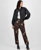 Bar Iii Womens Faux Leather Bomber Jacket Ottman Scoop Neck Tank Camo Washed Satin Cargo Pants Created For Macys