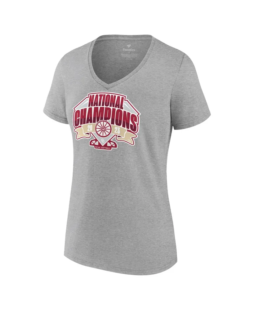 Women's Fanatics Gray Oklahoma Sooners 2023 Ncaa Softball College World Series Champions Official Logo V-Neck T-shirt