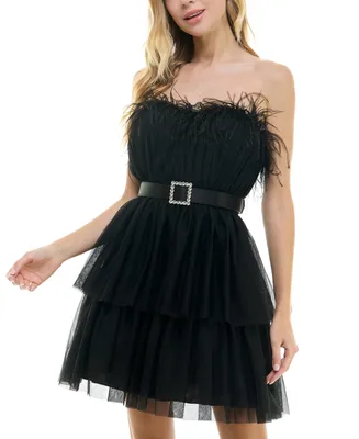 City Studios Juniors' Feather-Trim Strapless Fit & Flare Dress, Created for Macy's