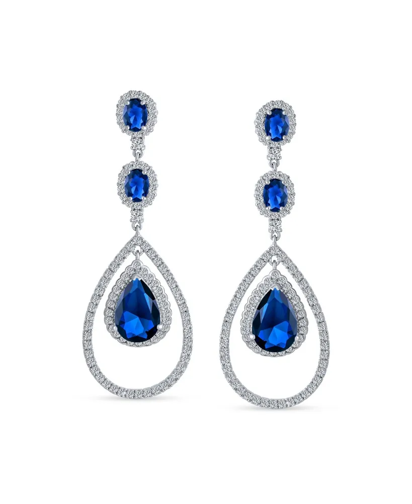Bling Jewelry Wedding Simulated Blue Sapphire Aaa Cubic Zirconia Double Halo Large Teardrop Cz Statement Dangle Chandelier Earrings Pageant Bridal Par