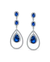 Bling Jewelry Art Deco Style Royal Blue Cubic Zirconia Double Halo Large Teardrop Cz Statement Dangle Chandelier Earrings For Women Party