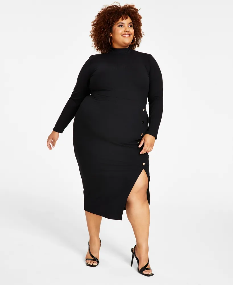 Nina Parker Trendy Plus Size Ribbed Mock-Neck Bodycon Dress