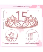 15th Birthday Sash and Tiara Set for Girls: Sparkling Glitter Sash with Stars and Pink Rhinestone Premium Metal Tiara, Perfect for Teenagers' Party Ce