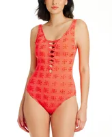 Bleu by Rod Beattie Women's Eyes Wide Open Lace Down One-Piece Swimsuit