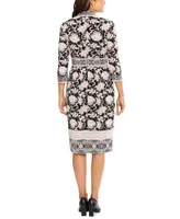 London Times Women's Printed V-Neck 3/4-Sleeve Sheath Dress