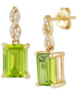 Peridot (3-1/5 ct. t.w.) & Diamond (1/10 ct. t.w.) Cushion Drop Earrings in 14k Gold