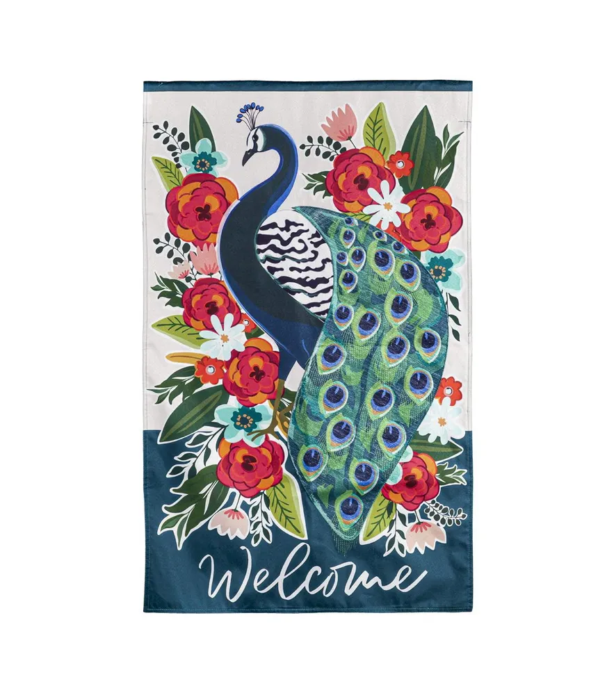 Evergreen Floral Peacock Linen House Flag 28 x 44 Inches Outdoor