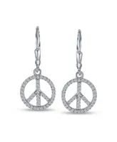 Bling Jewelry Message World Peace Sign Symbol Cubic Zirconia Pave Cz Lever back Drop Dangle Earrings For Women For Teen .925 Sterling Silver