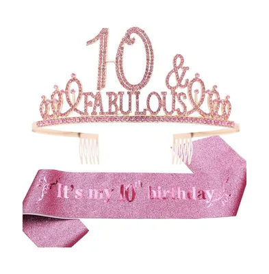 10th Birthday Glitter Sash and Rhinestone Gold Metal Tiara for Girls - Perfect for Princess Party Celebration and Memorable Gift