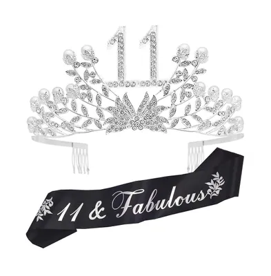 11th Birthday Glitter Sash and Botanic Rhinestone Silver Metal Tiara for Girls