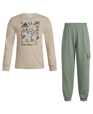 adidas Little Boys Long Sleeve Cotton T-shirt and Cargo Joggers, 2 Piece Set