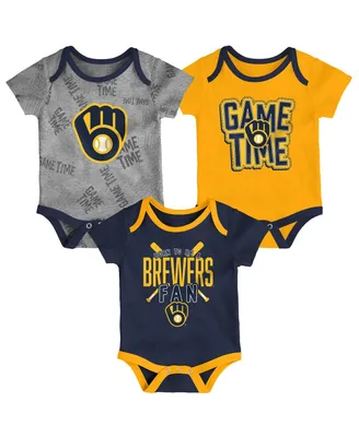 Newborn and Infant Boys Girls Milwaukee Brewers Navy, Gold, Heathered Gray Game Time Three-Piece Bodysuit Set