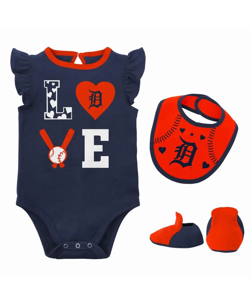 Newborn and Infant Boys Girls Navy, Orange Detroit Tigers Three-Piece Love of Baseball Bib Bodysuit Booties Set