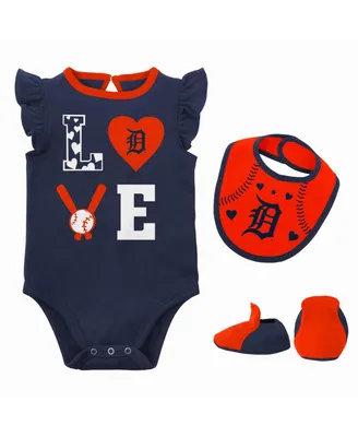 Newborn and Infant Boys Girls Navy, Orange Detroit Tigers Three-Piece Love of Baseball Bib Bodysuit Booties Set
