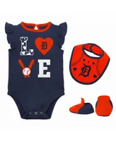 Newborn and Infant Boys Girls Navy, Orange Detroit Tigers Three-Piece Love of Baseball Bib Bodysuit Booties Set
