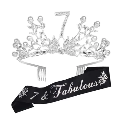 7th Birthday Sash and Tiara for Girls - Glitter Sash and Botanic Rhinestone Silver Metal Tiara, Perfect for Princess Party and Birthday Gifts