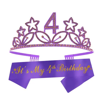 4th Birthday Sash and Tiara Set for Girls - Glittery Sash with Stars and Rhinestone Metal Tiara, Perfect for Princess Party and Birthday Gifts
