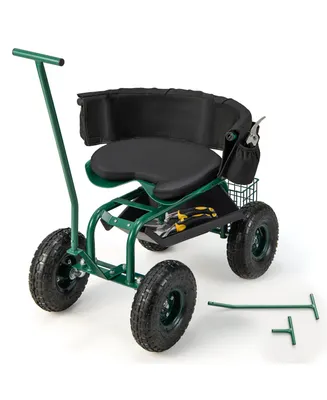 Rolling Garden Cart Outdoor Gardening Workseat with Adjustable Height &Tool Storage