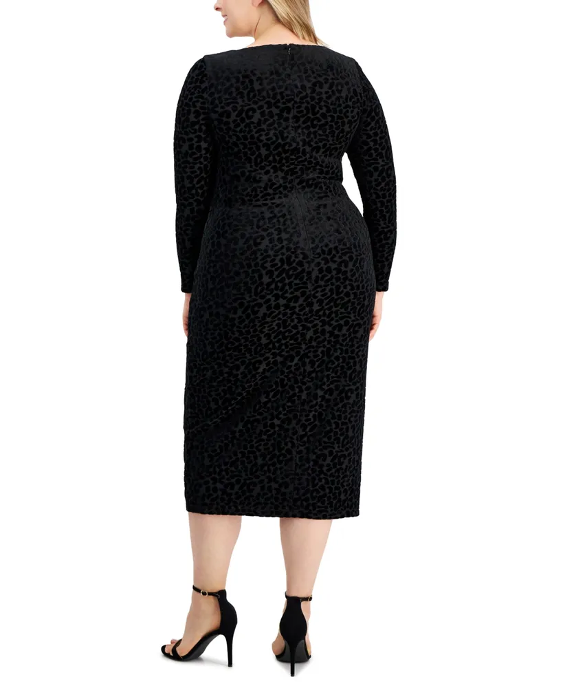 Anne Klein Plus Size Asymmetrical-Neck Ruched Animal Print Velvet Midi Dress