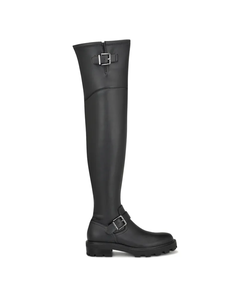 Nine West Women's Nans Lug Sole Casual Over the Knee Boots - Black Smooth - Faux Leather