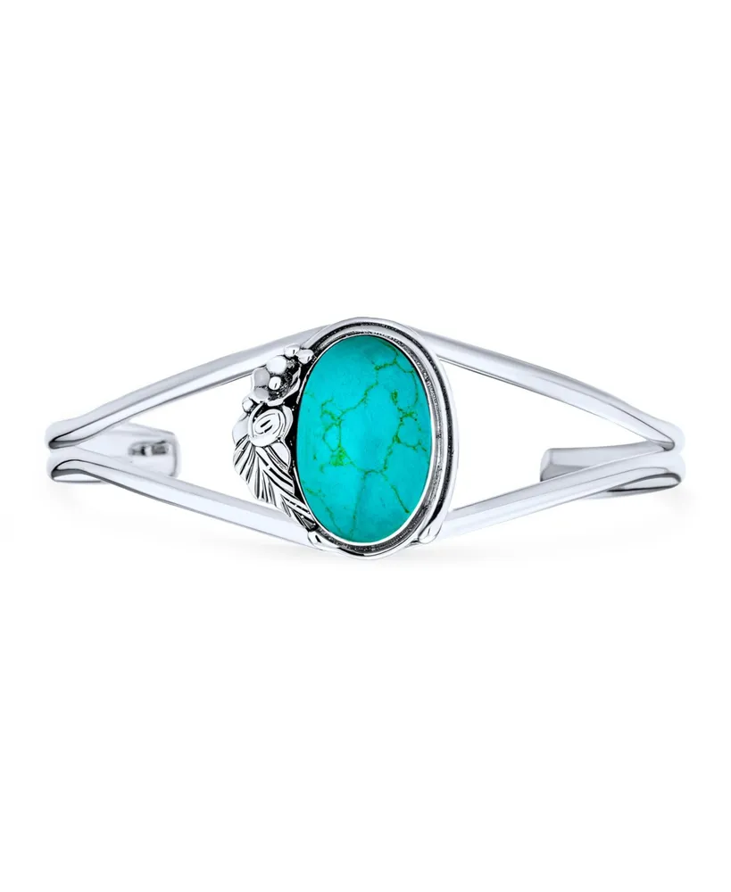 Bling Jewelry Nature Leaf Flowers Round Cabochon Statement Turquoise Wide Cuff Bracelet For Women .925 Sterling Silver