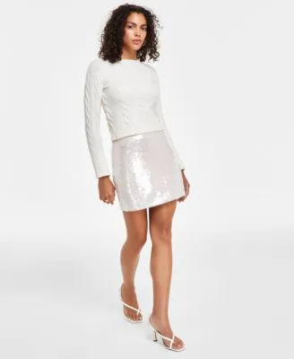 Guess Womens Cable Knit Sweater Sequined Mini Skirt