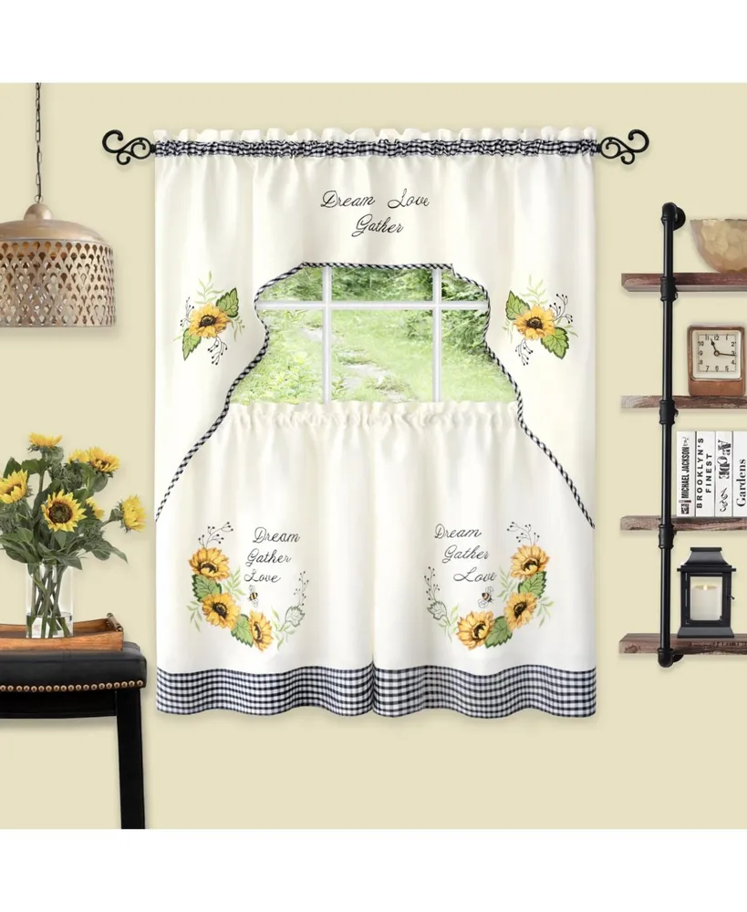 Kate Aurora Montauk Accents "Dream, Love, Gather" Embellished Sunflowers 3 Piece Kitchen Curtain Tier Set