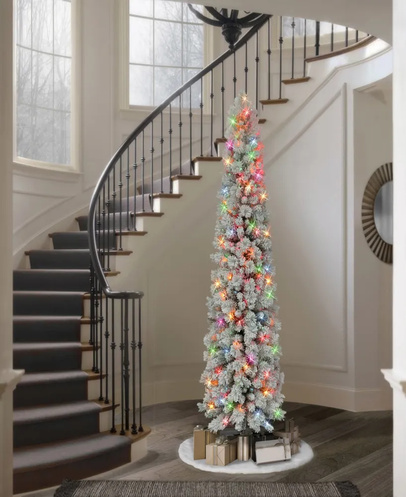 Puleo 7.5' Pre-Lit Flocked Portland Pine Artificial Pencil Tree