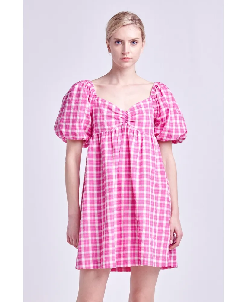 English Factory Women's Gingham Linen Sweetheart Baby Doll Dress